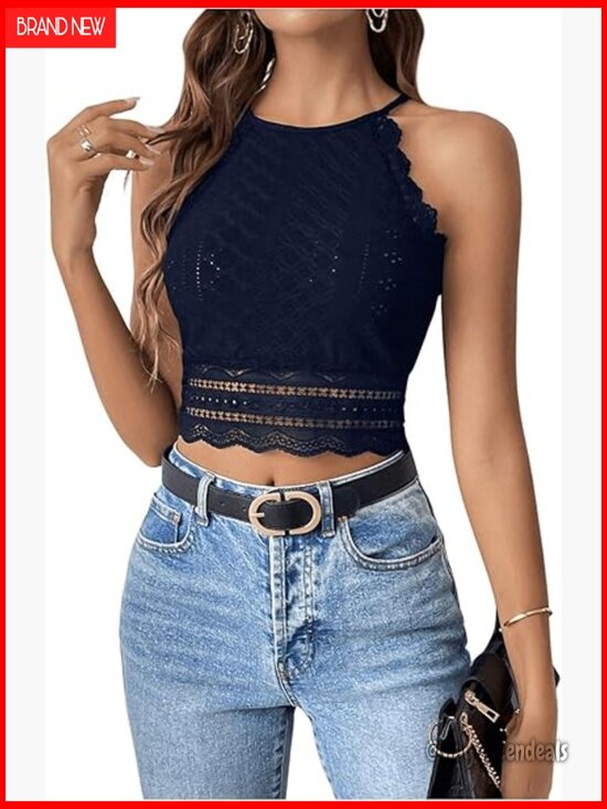 Tops - Floral Lace Crop Halter Tank Top Sleeveless Cami
